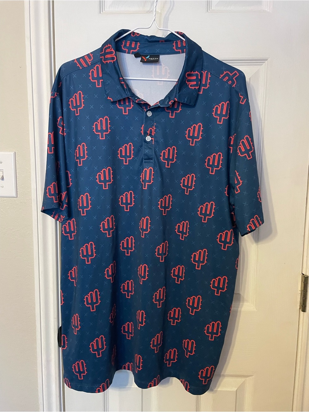 Men's Navy Polo with Coral Cactus Print
